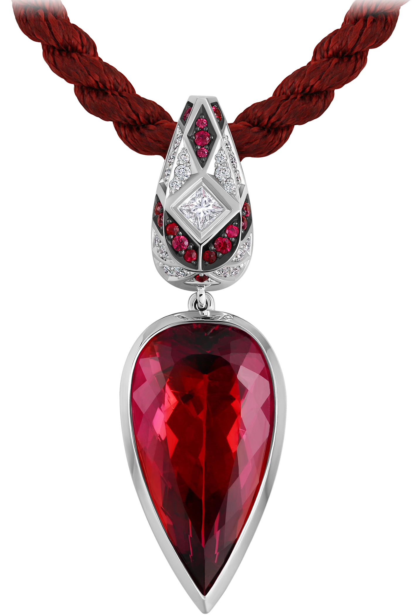 Колье с рубеллитом, бриллиантами и рубинами, белое золото