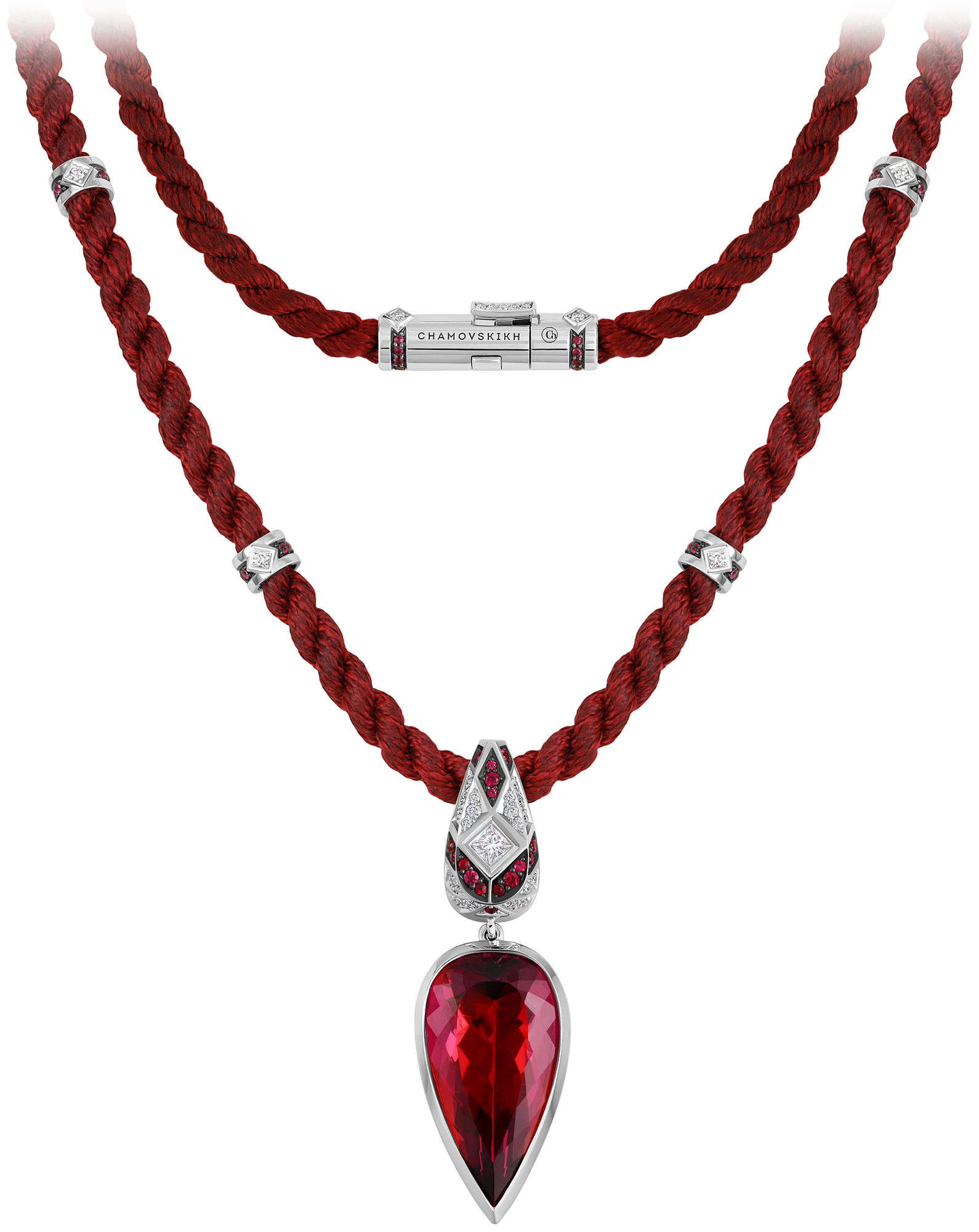 Колье с рубеллитом, бриллиантами и рубинами, белое золото
