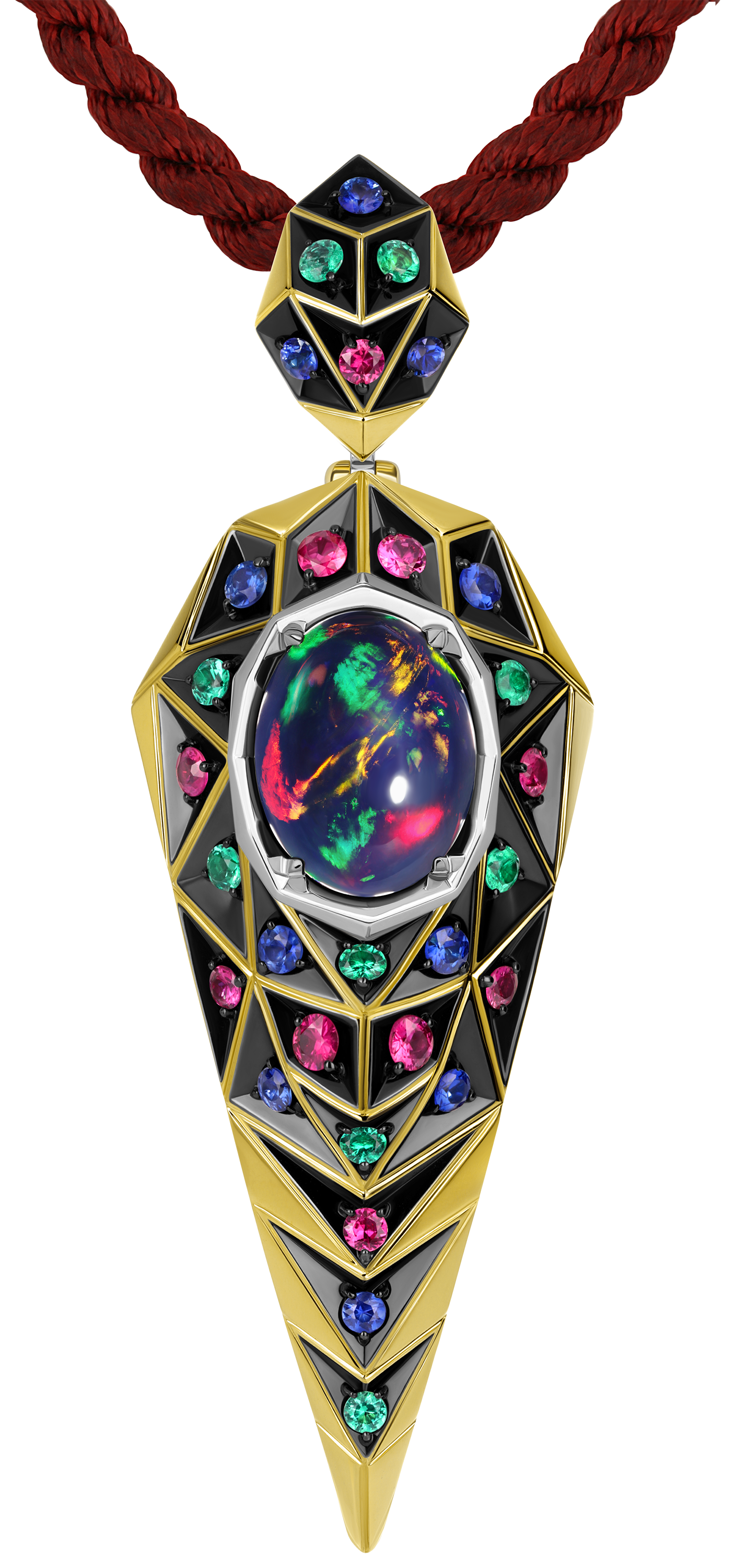 Подвес с опалом, изумрудами, сапфирами и рубинами, жёлтое и белое золото