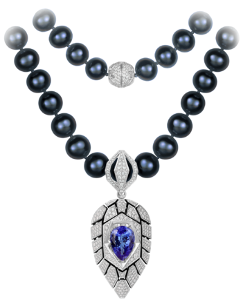 Колье с танзанитом, бриллиантами и жемчугом, белое золото 1