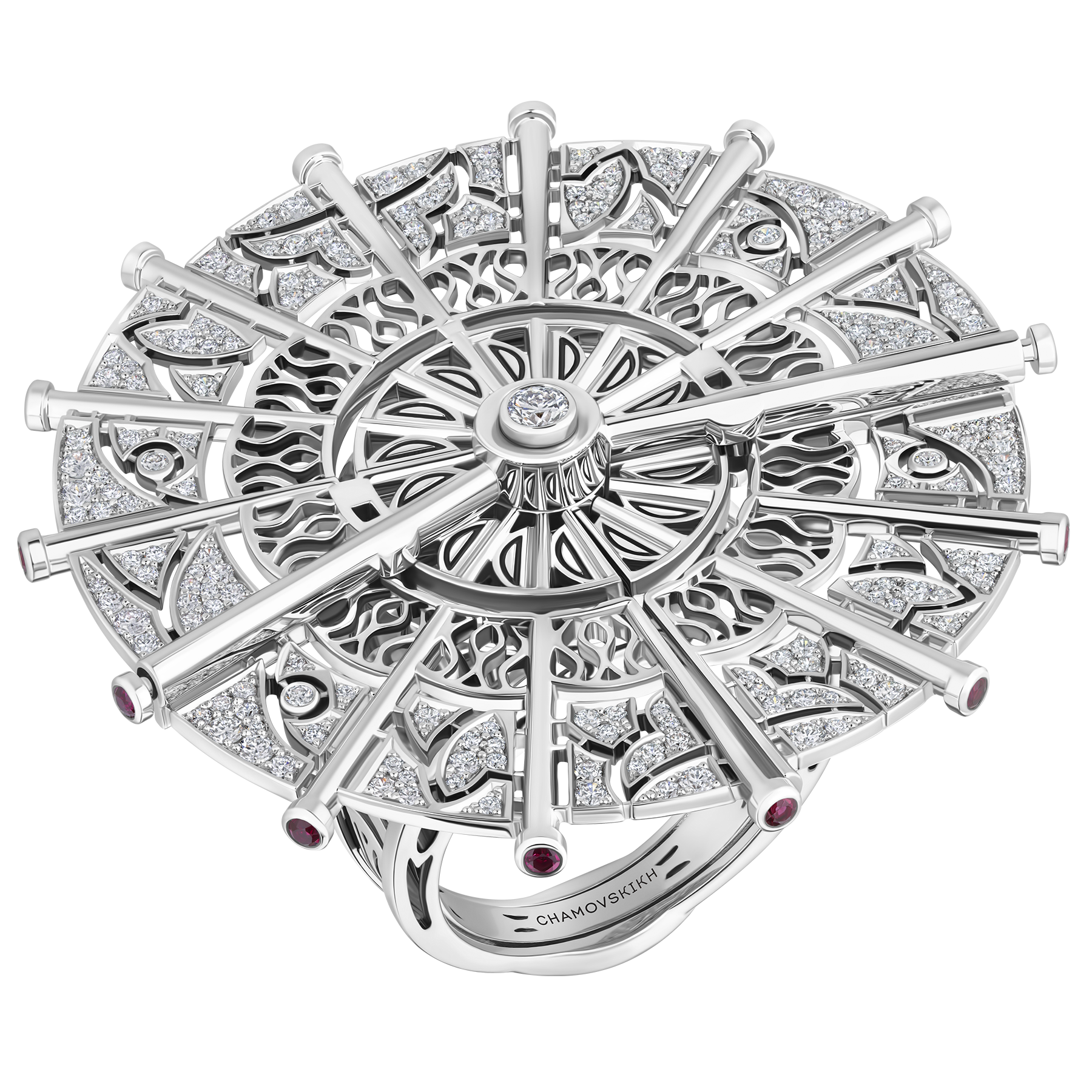 Кольцо с бриллиантами и рубинами, белое золото