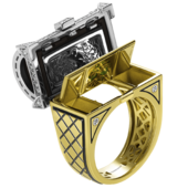 Кольцо с изумрудом и бриллиантами, жёлтое и белое золото, эбеновое дерево