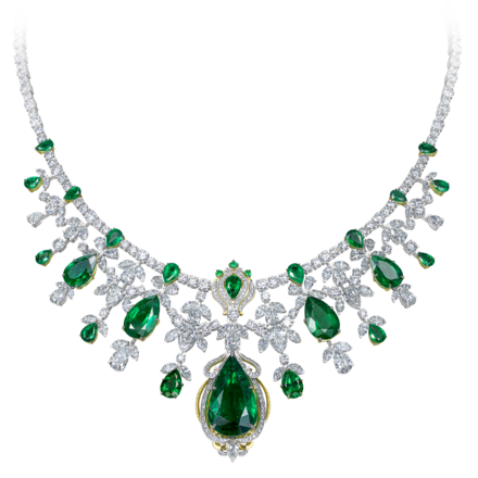 Колье с изумрудом и бриллиантами, белое золото 1