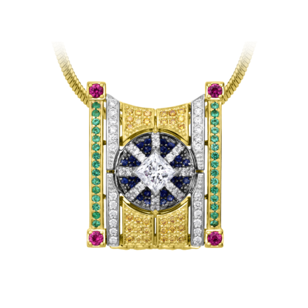 Подвес с бриллиантами, изумрудами, сапфирами и рубинами, жёлтое и белое золото 1