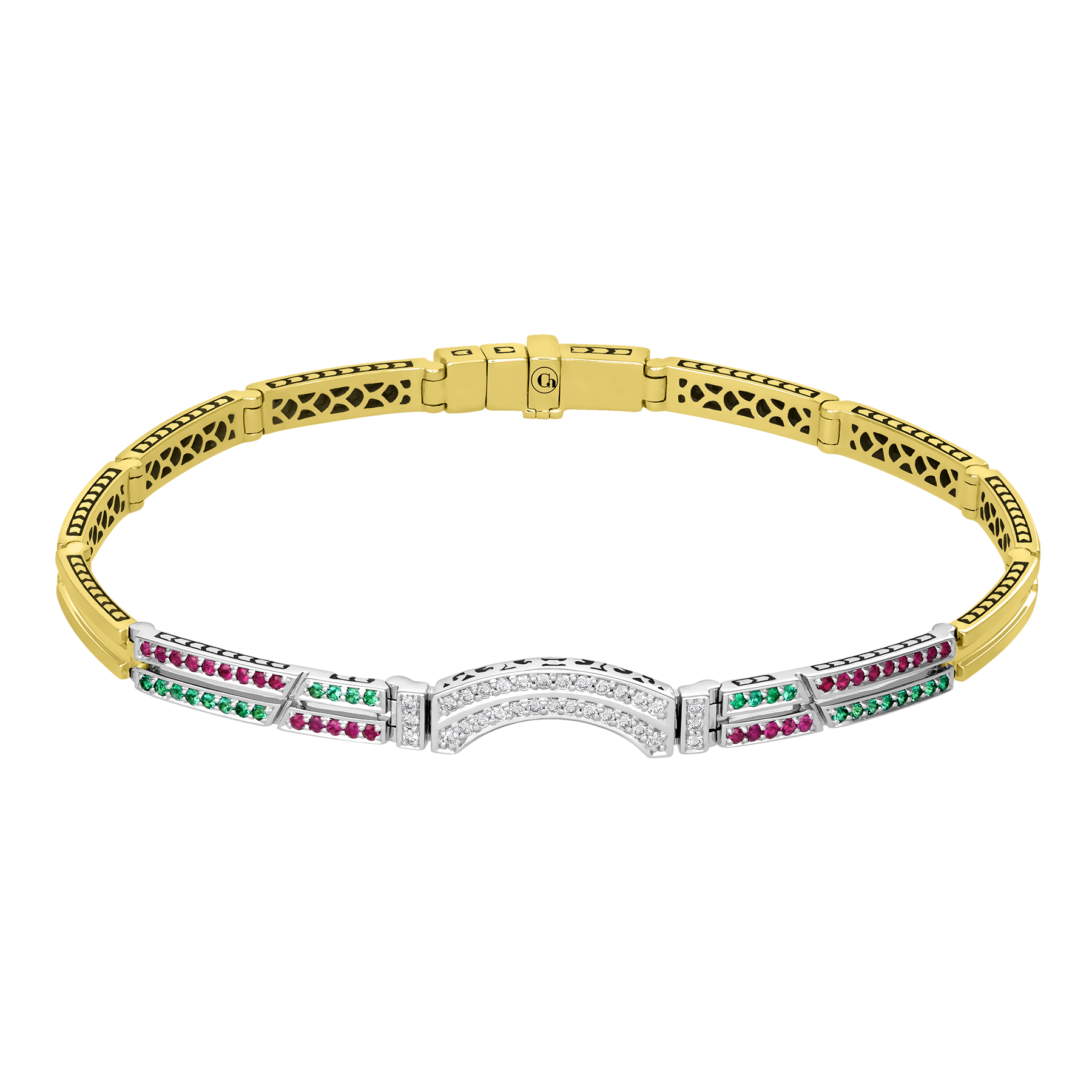 Браслет с бриллиантами, рубинами и изумрудами, жёлтое и белое золото