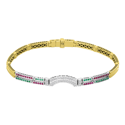 Браслет с бриллиантами, рубинами и изумрудами, жёлтое и белое золото 1