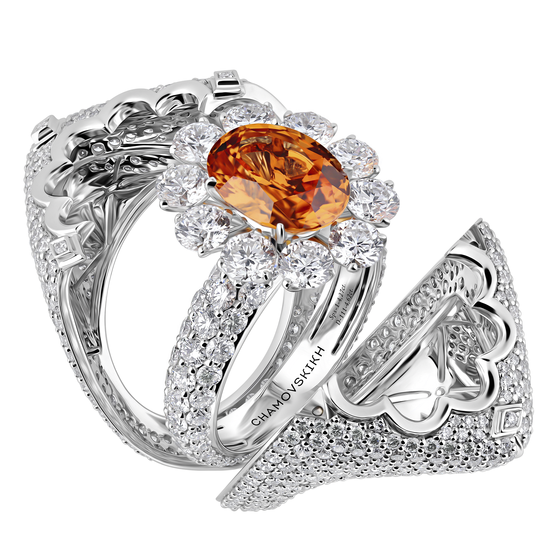 Кольцо со спессартином и бриллиантами, белое золото