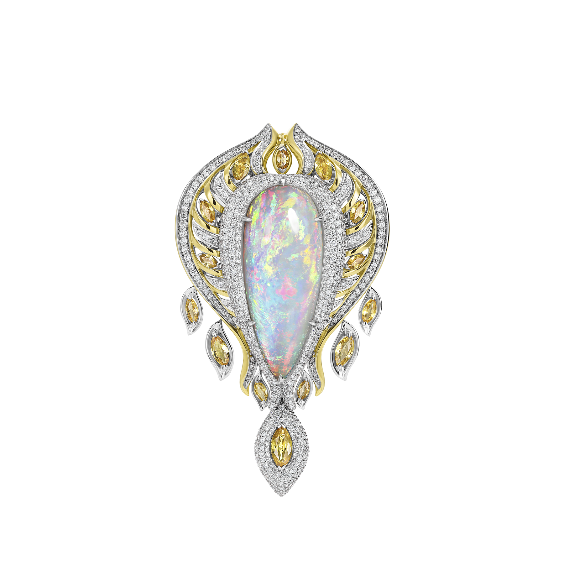 Подвес - брошь с опалом желтыми сапфирами и бриллиантами, жёлтое и белое золото, н.керамика