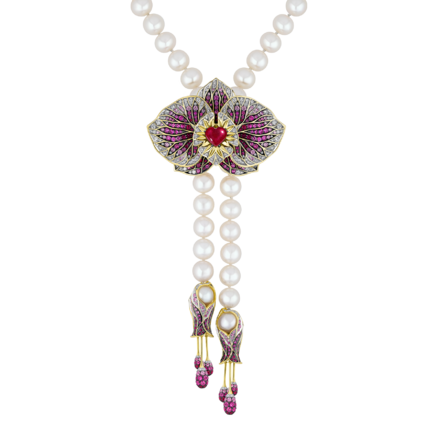 Сет с рубинами, бриллиантами, розовыми сапфирами и жемчугом, жёлтое и белое золото 1