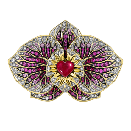 Брошь с рубинами, бриллиантами и розовыми сапфирами, жёлтое золото 1