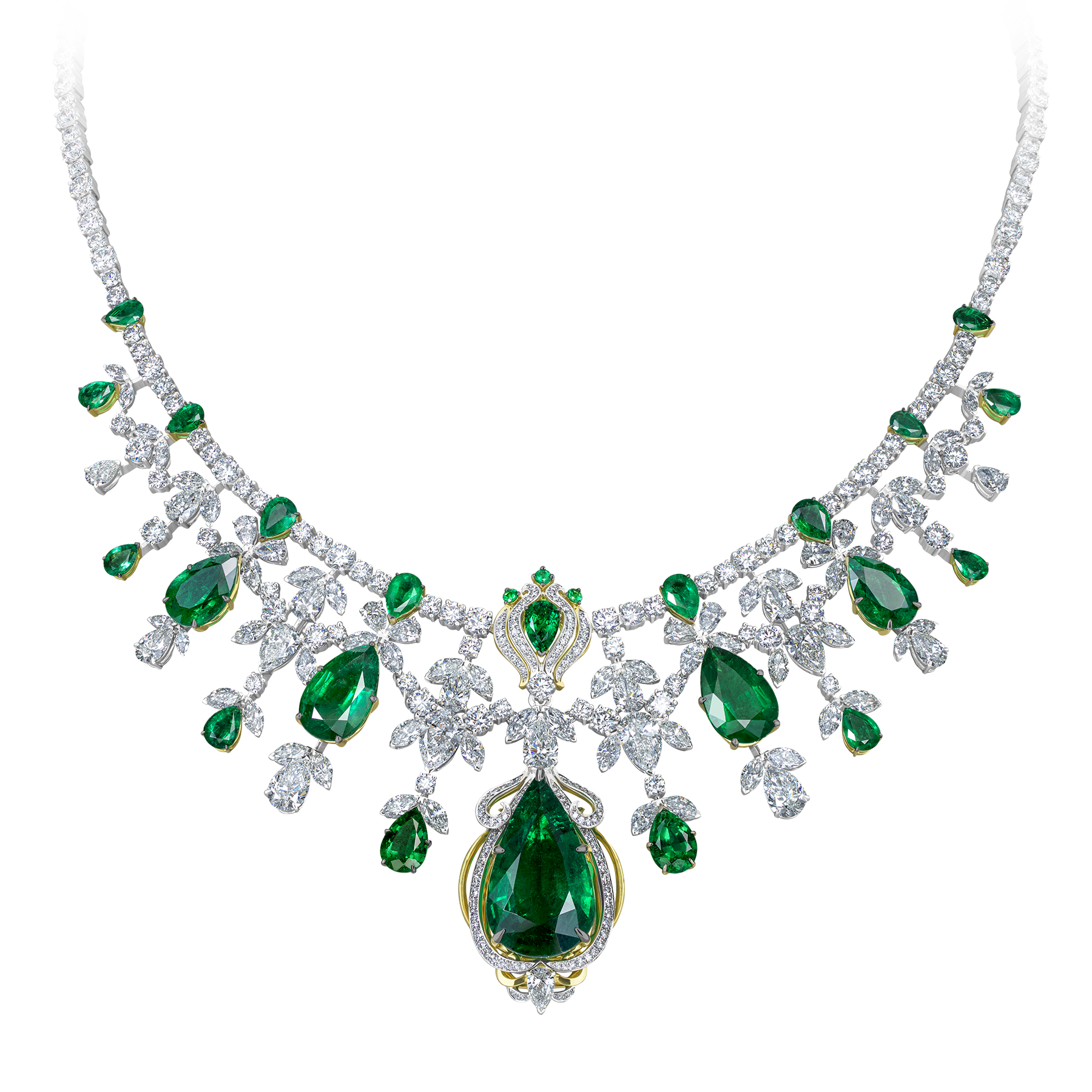 Колье с изумрудами и бриллиантами, белое и жёлтое золото