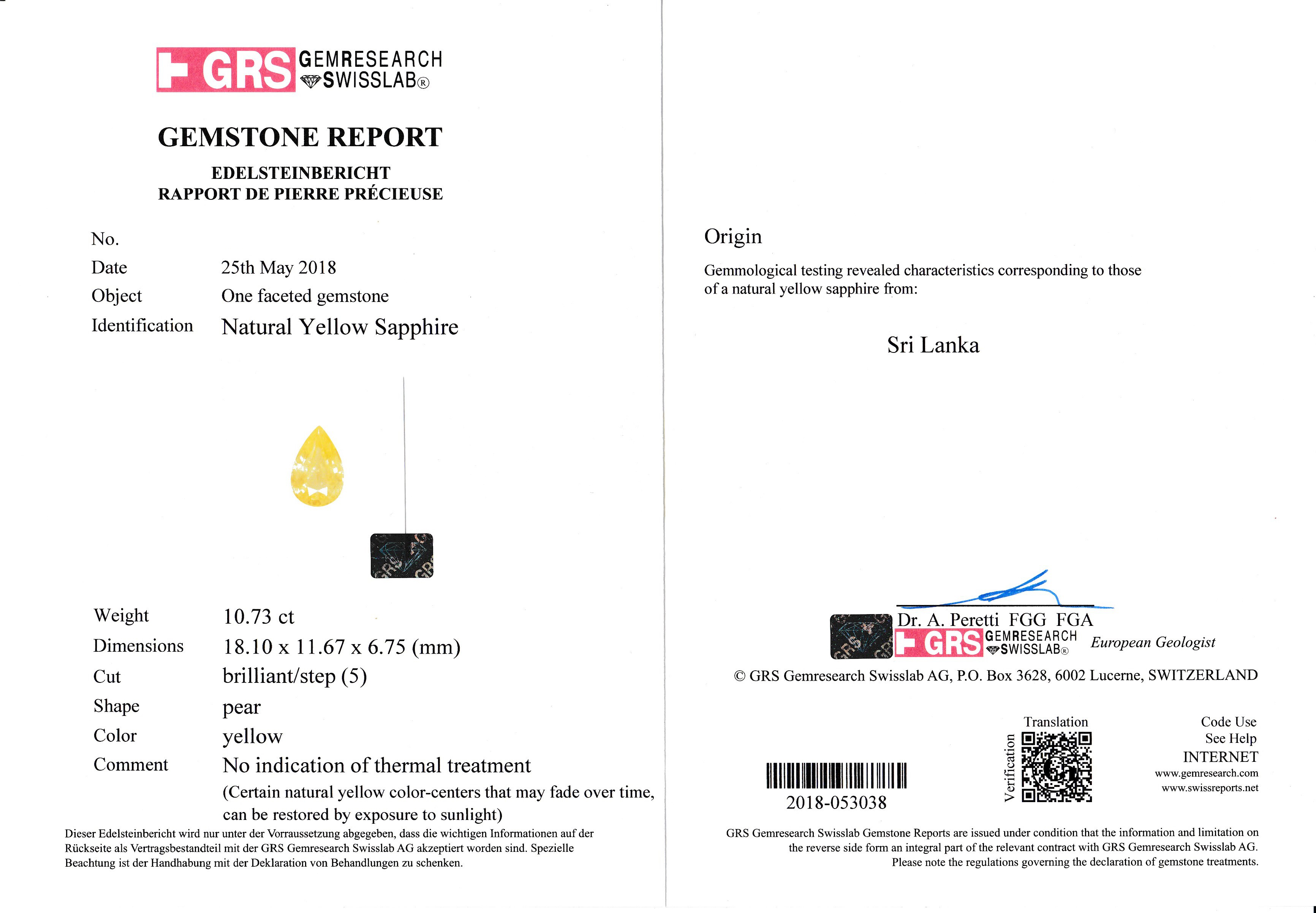 Жёлтый сапфир, SRI LANKA, UNHEATED, Груша, 10,73ct