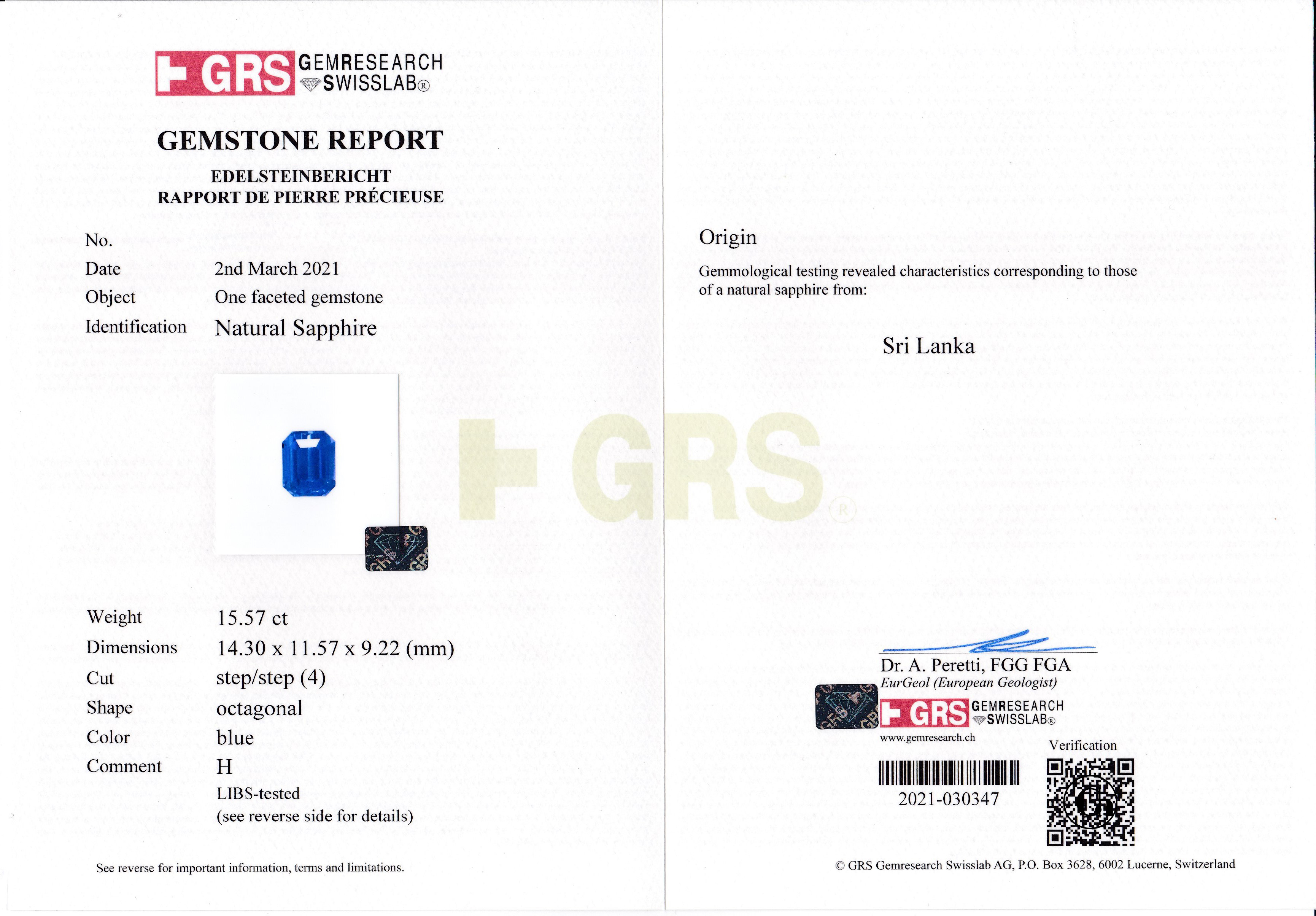 Сапфир, SRI LANKA, Октагон, 15,57ct