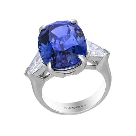 Кольцо с сапфиром и бриллиантами, белое золото 1