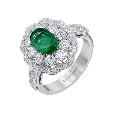 Кольцо с изумрудом и бриллиантами, белое золото 1