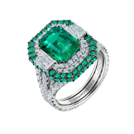 Кольцо с изумрудами и бриллиантами, белое золото 1