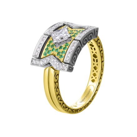 Кольцо с бриллиантами и изумрудами, жёлтое золото 1