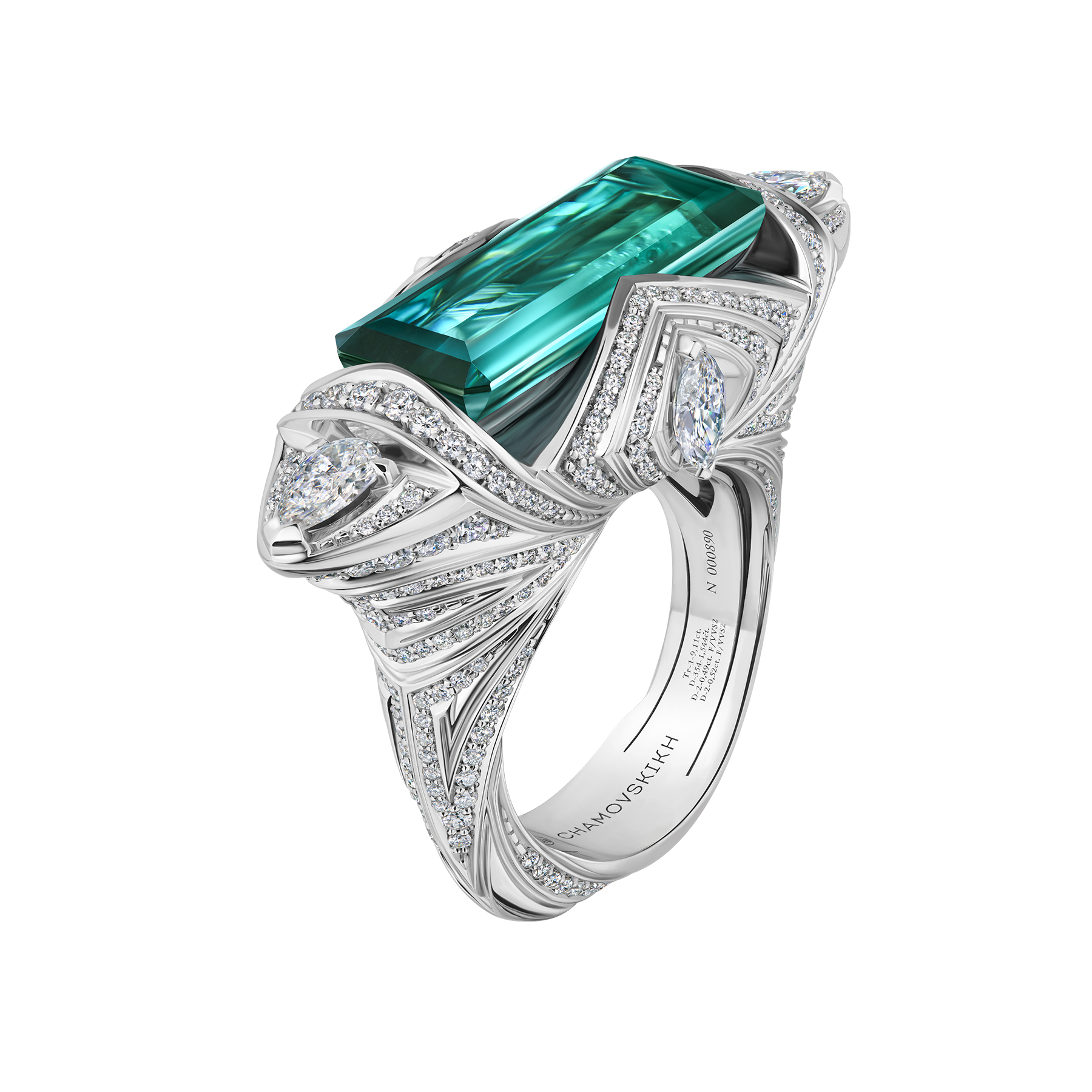 Кольцо с турмалином индиголитом и бриллиантами, белое золото