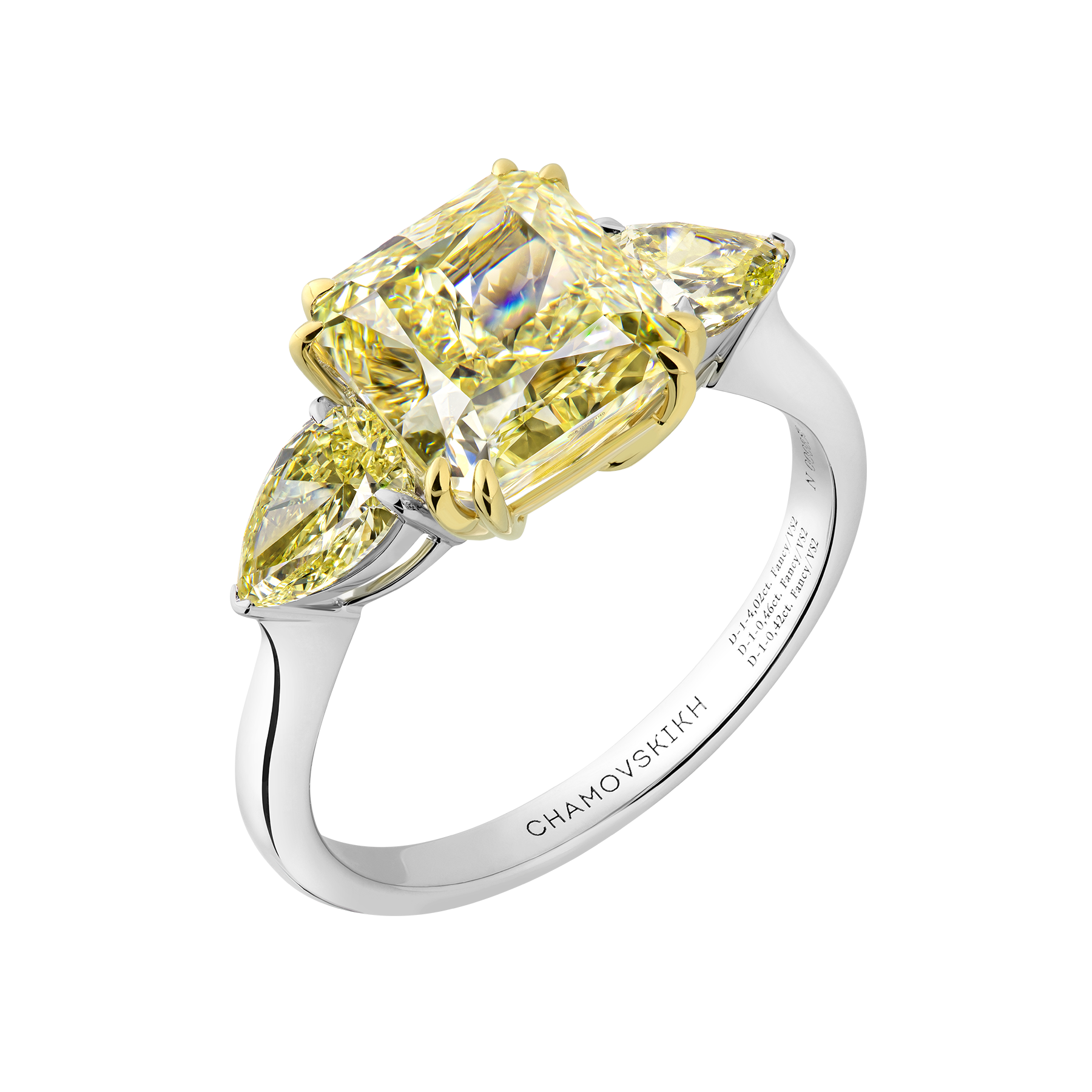 Кольцо с желтыми бриллиантами, белое золото