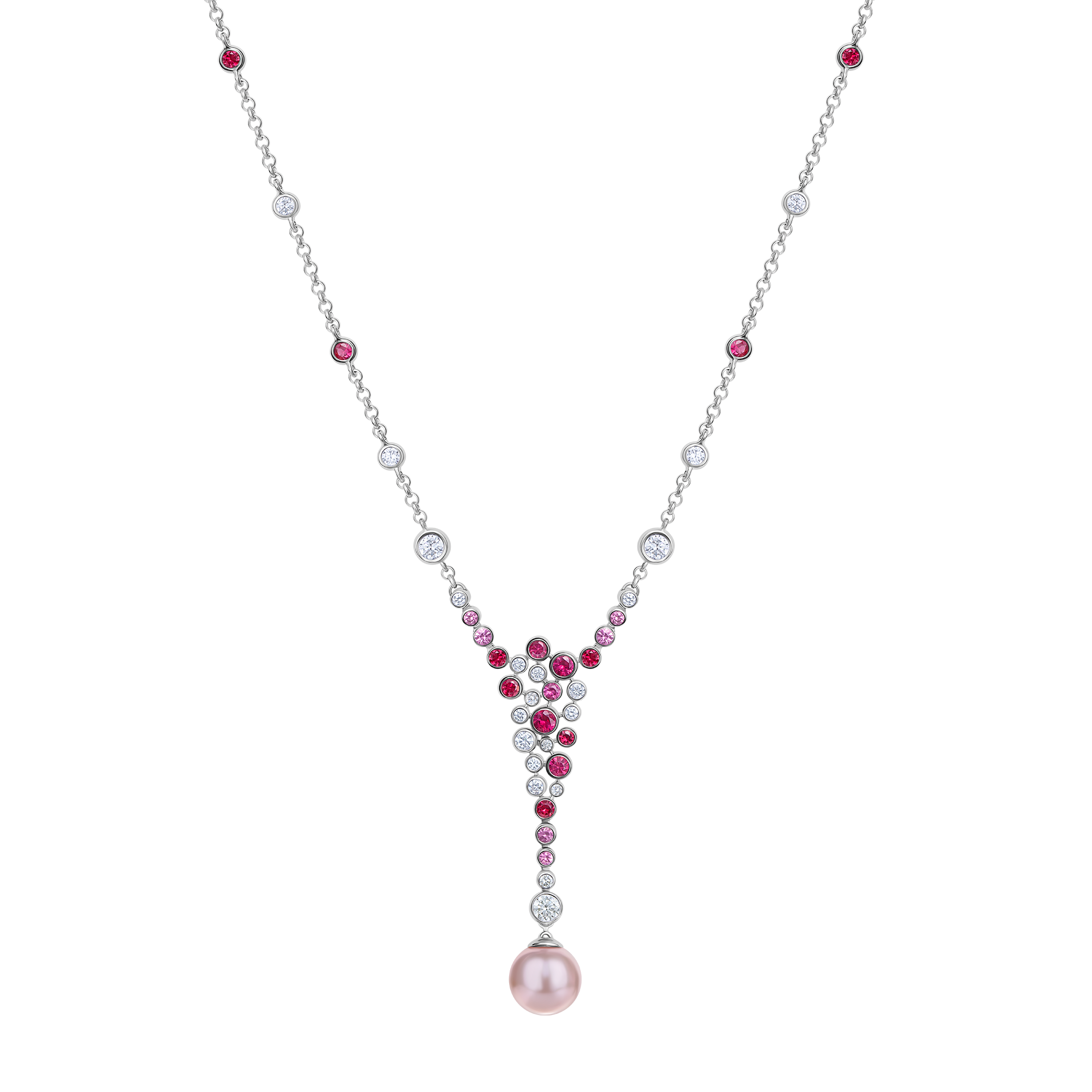 Колье с жемчугом, бриллиантами, рубинами и розовыми сапфирами, белое золото