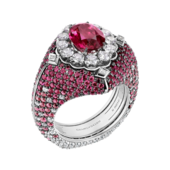 Кольцо с рубеллитом, бриллиантами, розовыми сапфирами и рубинами, белое золото