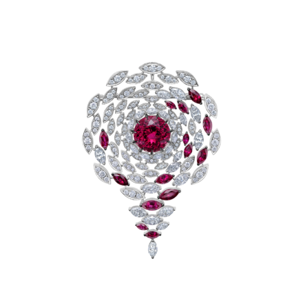 Колье-брошь с турмалином рубеллит, бриллиантами и рубинами, белое золото 2