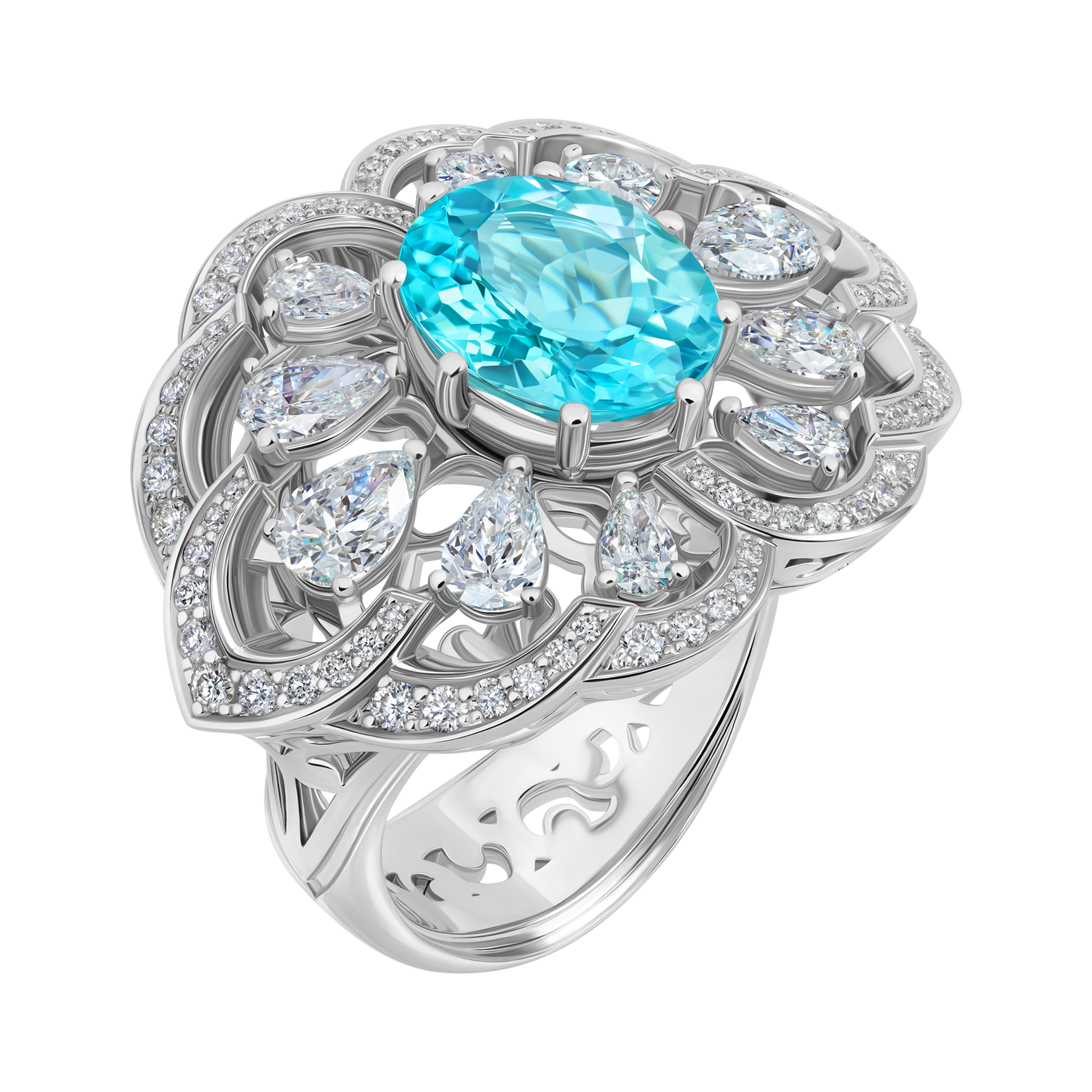 Кольцо с турмалином параиба, бриллиантами и жемчугом, белое золото