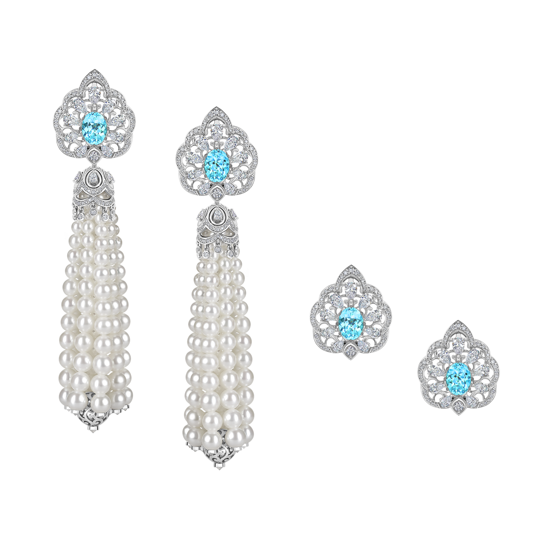 Серьги с турмалинами параиба, бриллиантами и жемчугом, белое золото