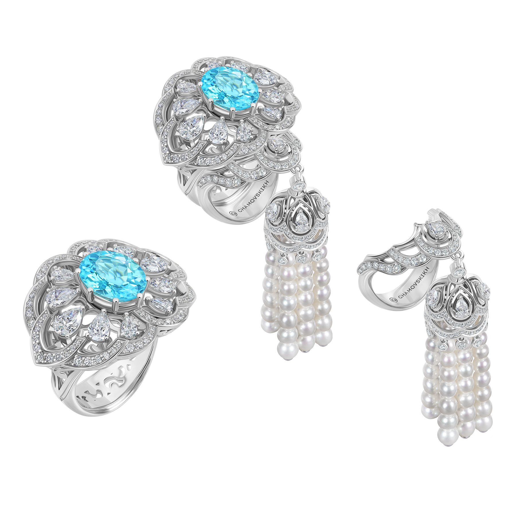 Кольцо с турмалином параиба, бриллиантами и жемчугом, белое золото