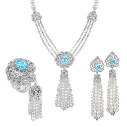 Сет с турмалинами параиба, бриллиантами и жемчугом, белое золото 1