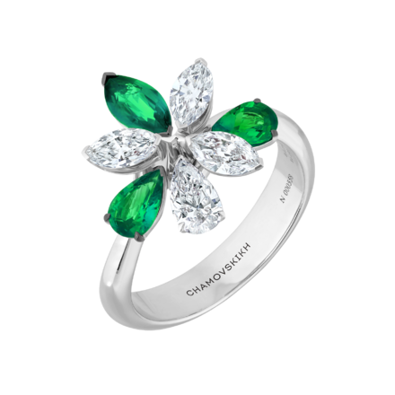 Кольцо с изумрудами и бриллиантами, белое золото 1