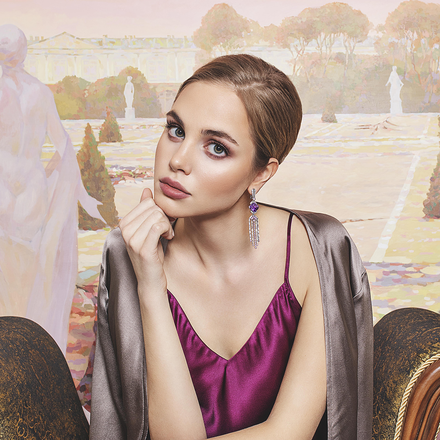 Серьги с аметистами, бриллиантами и розовыми сапфирами, белое золото 6