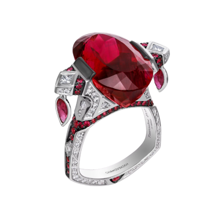 Кольцо с турмалином рубеллит, бриллиантами и рубинами, белое золото 1