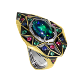 Кольцо с опалом, бриллиантами, сапфирами, изумрудами и рубинами, жёлтое и белое золото золото