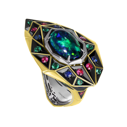 Кольцо с опалом, бриллиантами, сапфирами, изумрудами и рубинами, жёлтое и белое золото золото 1