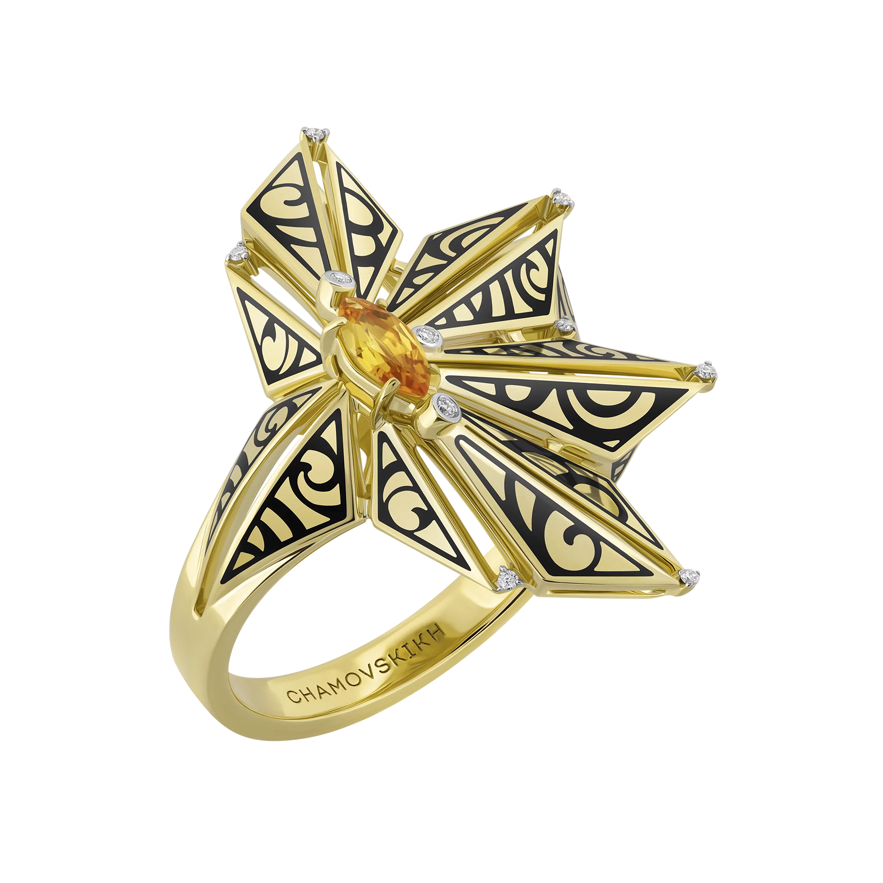 Кольцо с желтым сапфиром и бриллиантами, желтое золото, н.керамика