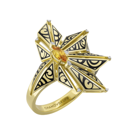 Кольцо с желтым сапфиром и бриллиантами, желтое золото, н.керамика 1