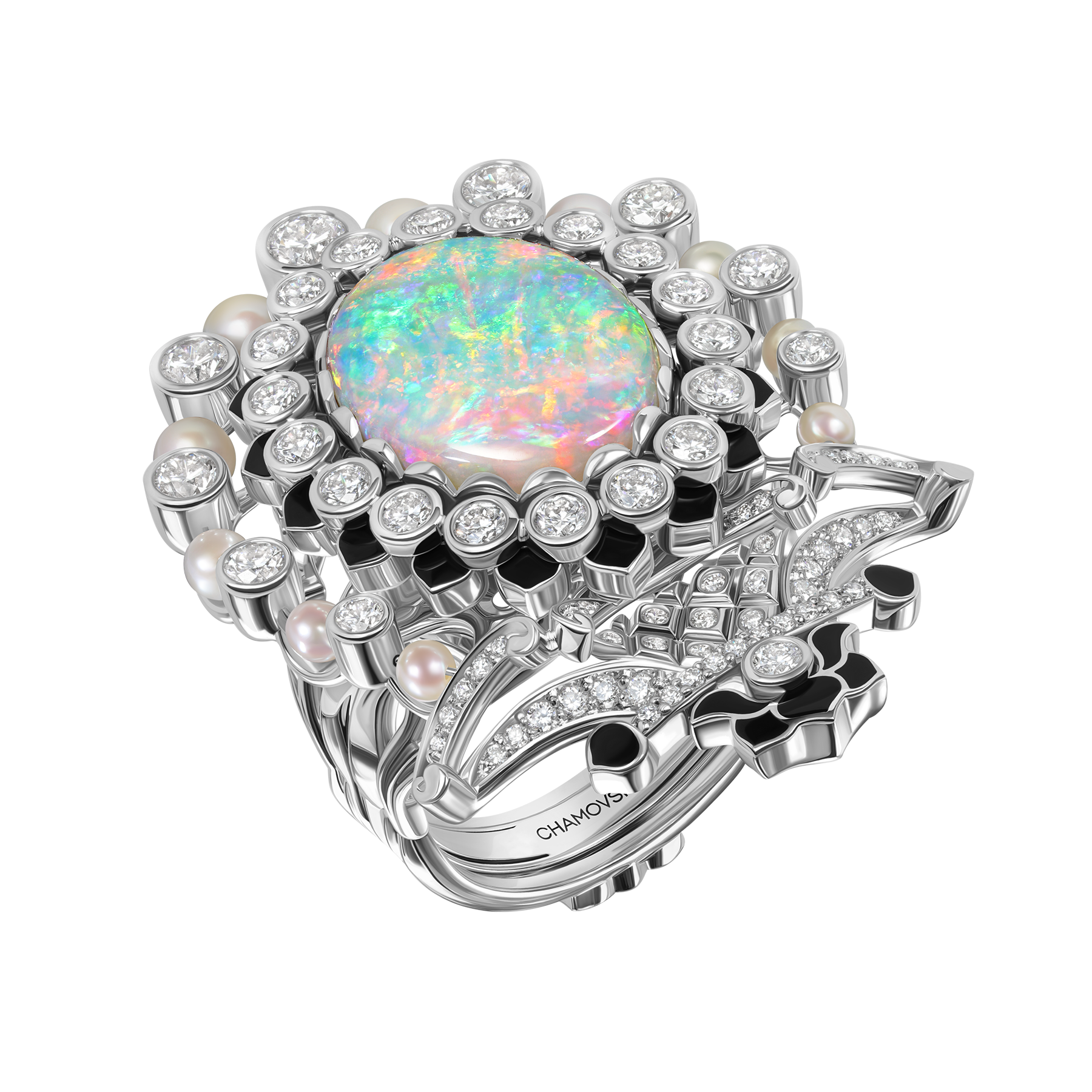 Кольцо с опалом и бриллиантами, белое золото, н.керамика