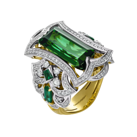 Кольцо с турмалином, изумрудами и бриллиантами, жёлтое и белое золото 1