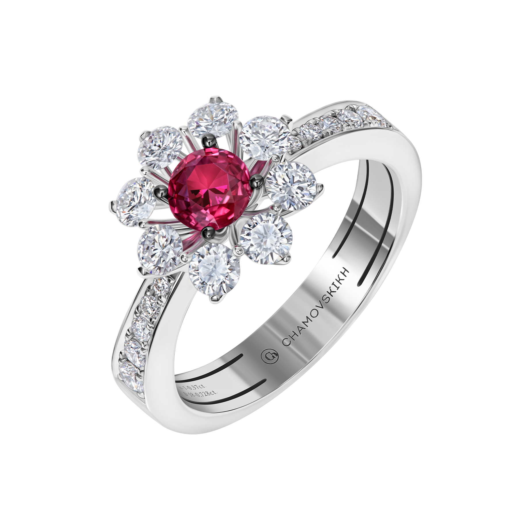 Кольцо с рубином и бриллиантами, белое золото