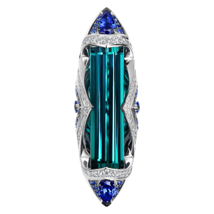 Кольцо с индиголитом, бриллиантами и сапфирами, белое золото 3