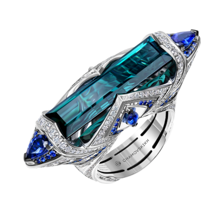 Кольцо с индиголитом, бриллиантами и сапфирами, белое золото 1