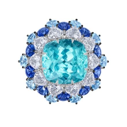 Кольцо с турмалином Параиба, бриллиантами, сапфирами и аквамаринами, белое золото 2