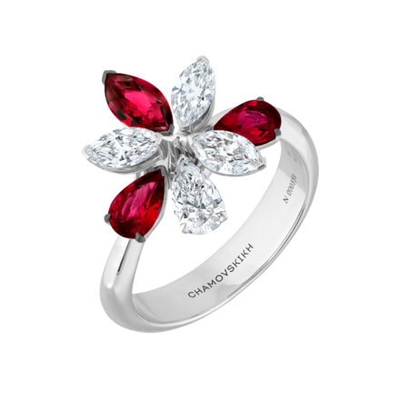 Кольцо с рубинами и бриллиантами, белое золото 1