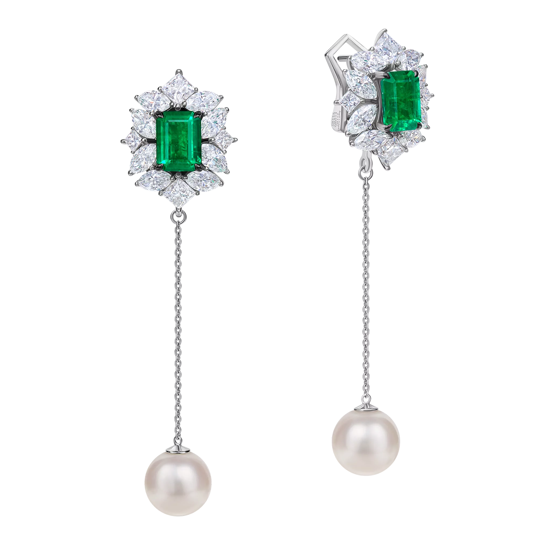 Серьги с изумрудами, бриллиантами и жемчугом, белое золото