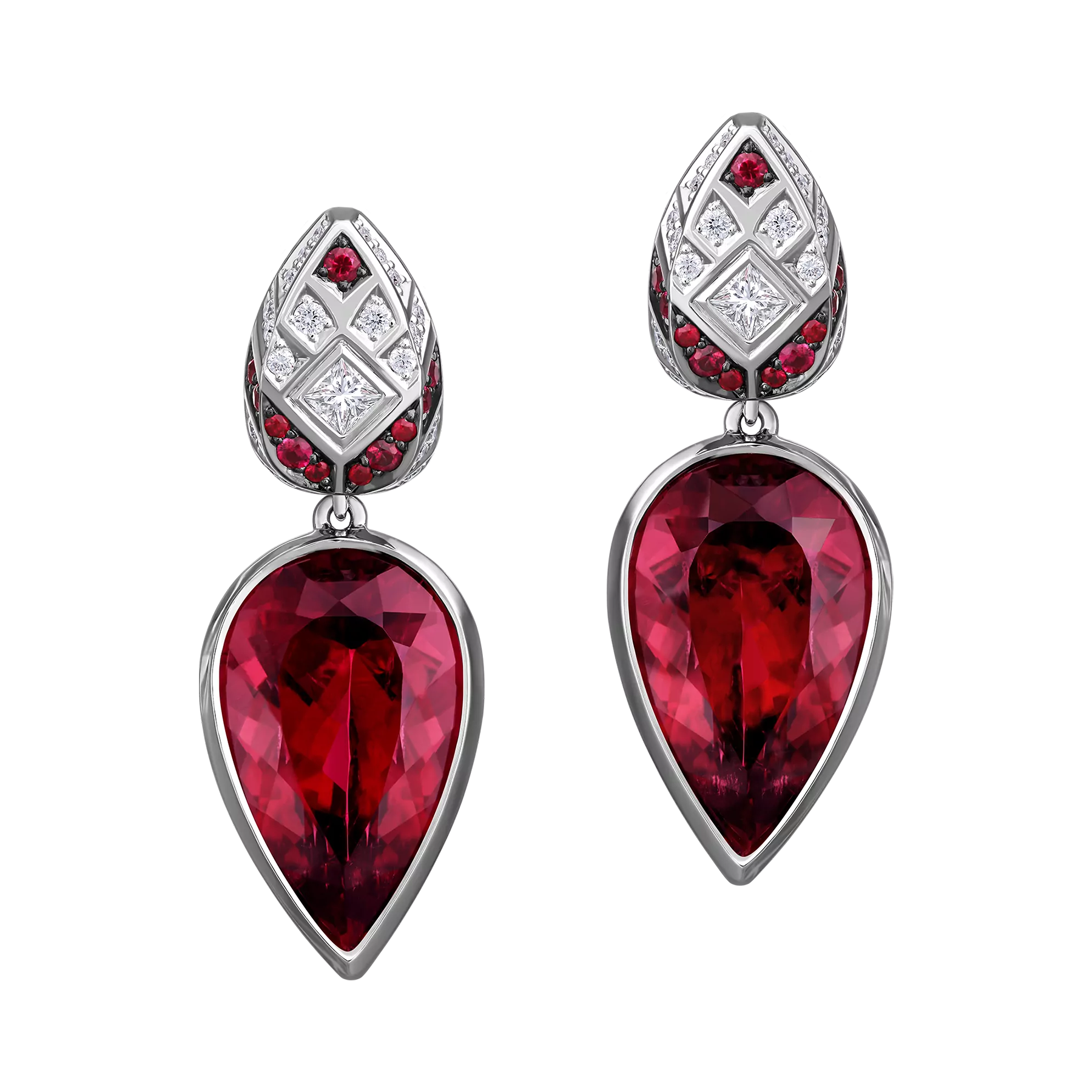 Серьги с турмалинами рубеллитами, бриллиантами и рубинами, белое золото
