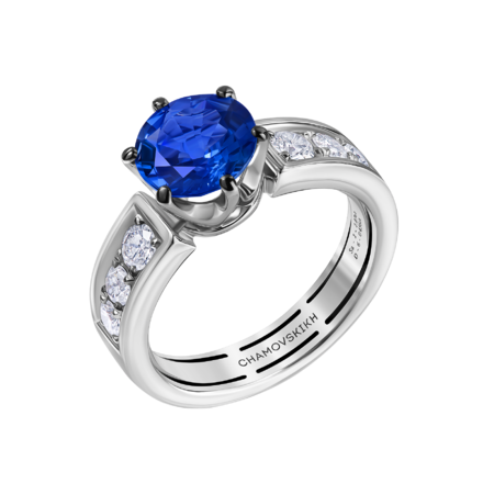 Кольцо с сапфиром и бриллиантами, белое золото 1