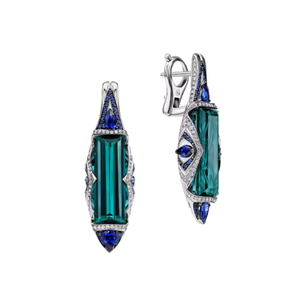 Серьги с турмалинами индиголитами, бриллиантами и сапфирами, белое золото 1