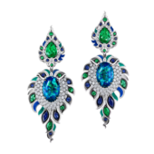 Серьги с опалами, бриллиантами, изумрудами и сапфирами, белое золото, н.керамика