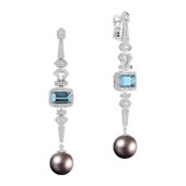 Серьги с аквамаринами, жемчугом и бриллиантами, белое золото